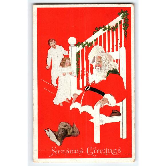 Vintage Santa Claus Christmas Postcard Season's Greetings Red Background - Picture 1 of 2